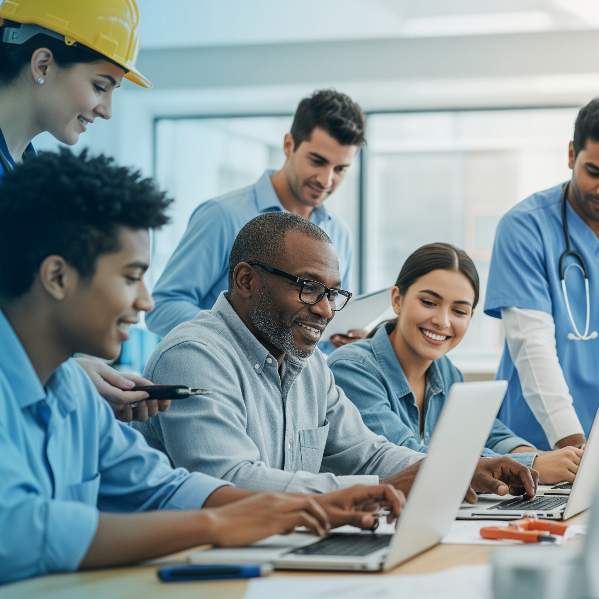 Profesionales diversos colaborando con tecnología - Nuestra visión de conectar diferentes sectores profesionales