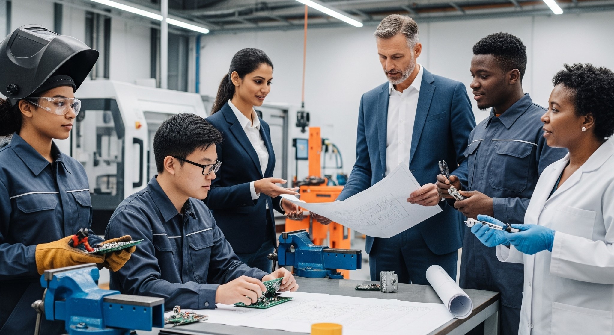 Profesionales y estudiantes colaborando en entorno técnico - Misión y Visión PRAXCV