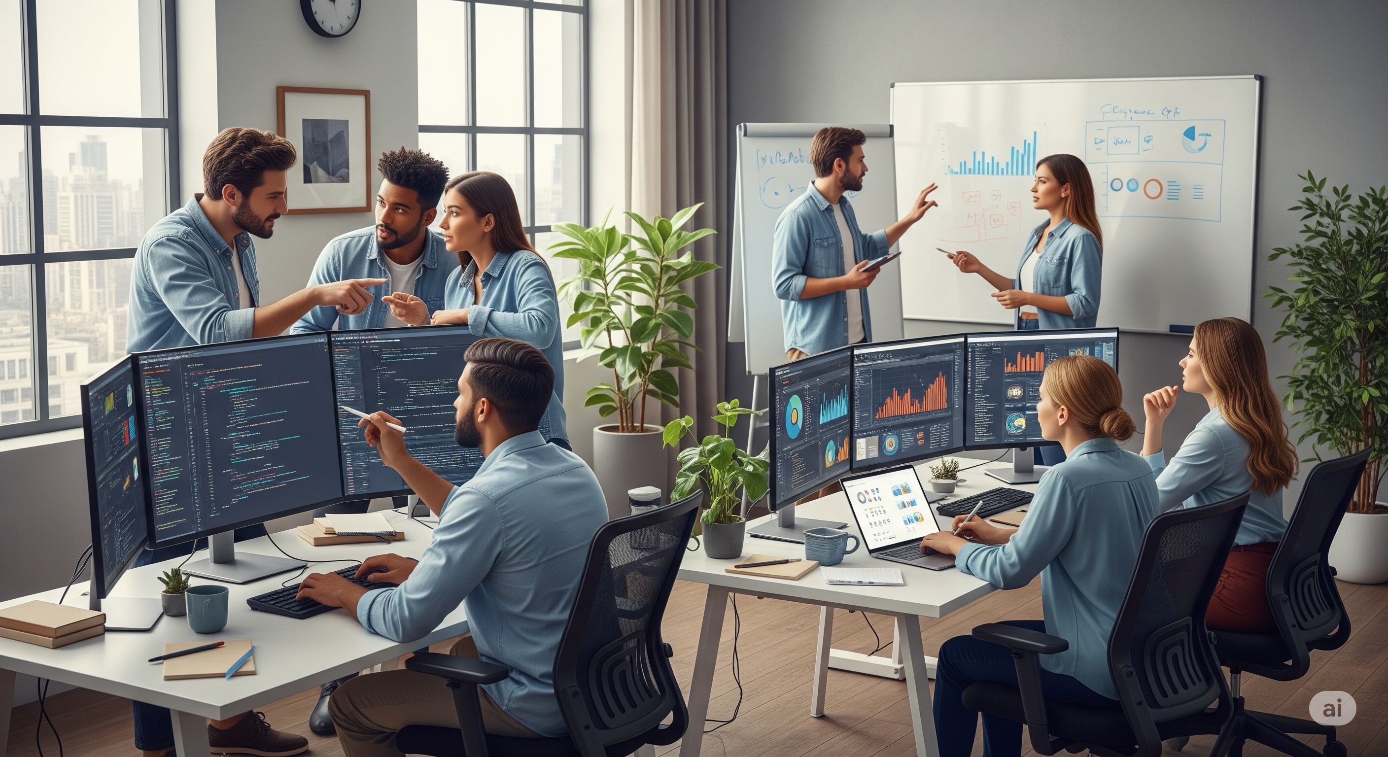 Equipo diverso de profesionales colaborando en oficina moderna con tecnología avanzada - Representación visual de los valores corporativos PRAXCV: innovación, profesionalidad, colaboración y excelencia